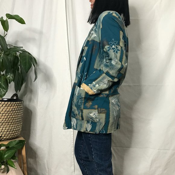Vintage 1980s geometric floral blazer green medium - Picture 8 of 12